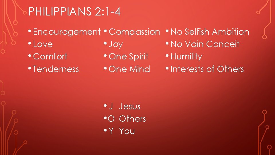 PHILIPPIANS 2: 1 -4 • Encouragement • Compassion • Love • Joy • Comfort