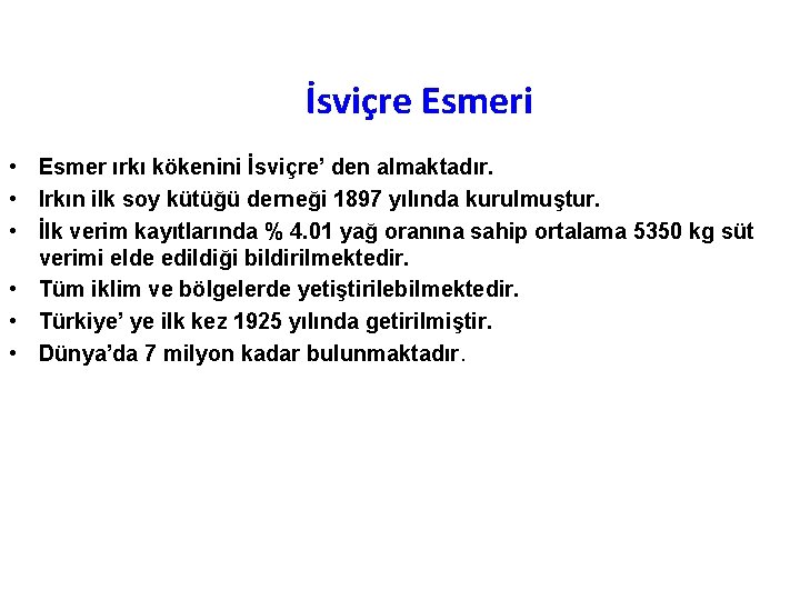 İsviçre Esmeri • Esmer ırkı kökenini İsviçre’ den almaktadır. • Irkın ilk soy kütüğü