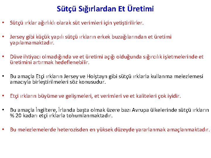 Sütçü Sığırlardan Et Üretimi • Sütçü ırklar ağırlıklı olarak süt verimleri için yetiştirilirler. •