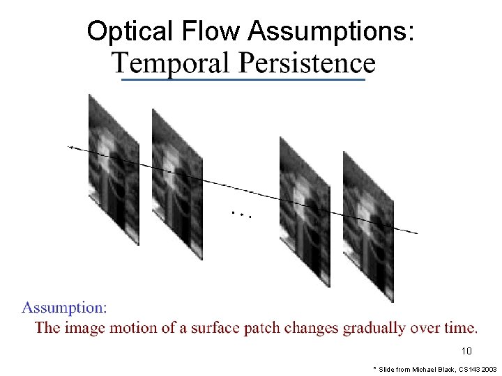 Optical Flow Assumptions: 10 * Slide from Michael Black, CS 143 2003 