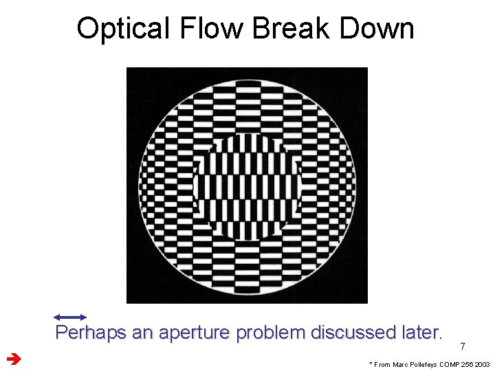 Optical Flow Break Down Perhaps an aperture problem discussed later. 7 * From Marc