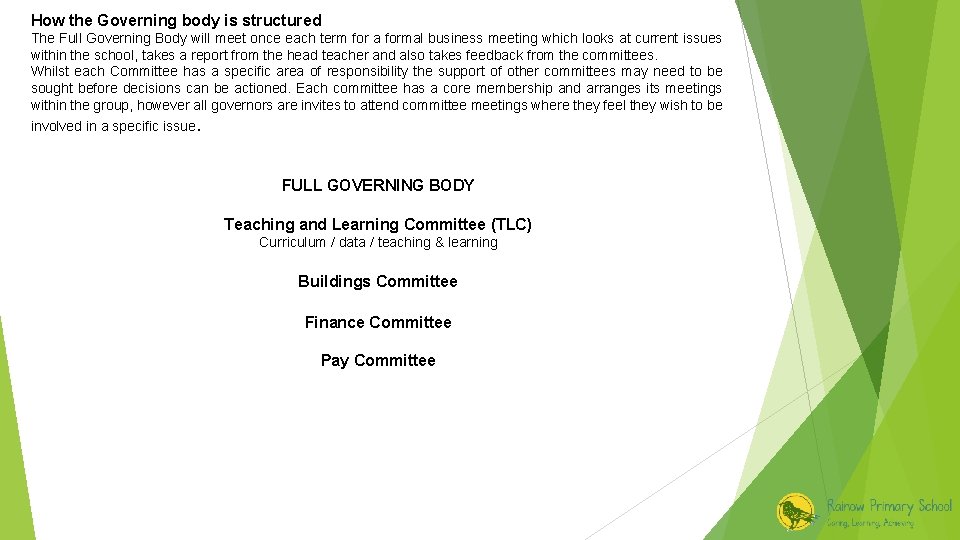 How the Governing body is structured The Full Governing Body will meet once each