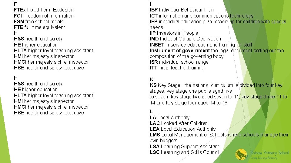 F FTEx Fixed Term Exclusion FOI Freedom of Information FSM free school meals FTE