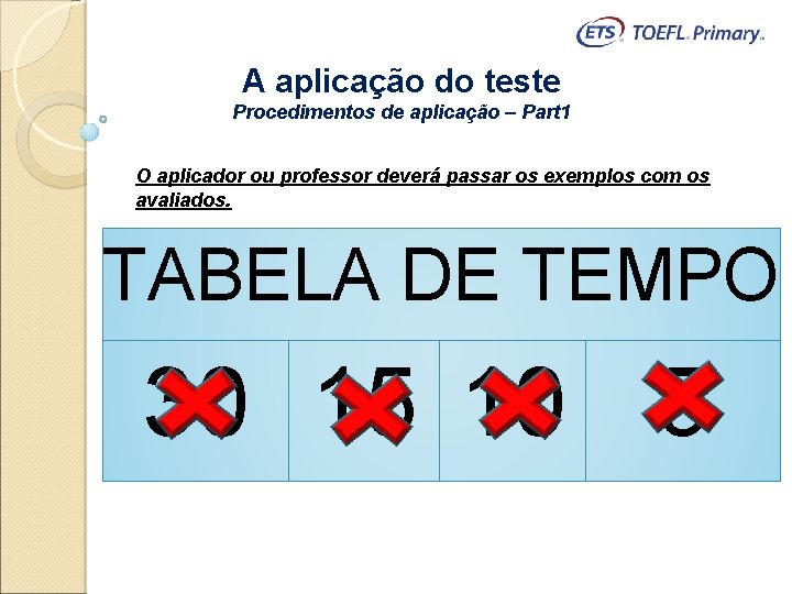 A aplicação do teste Procedimentos de aplicação – Part 1 O aplicador ou professor