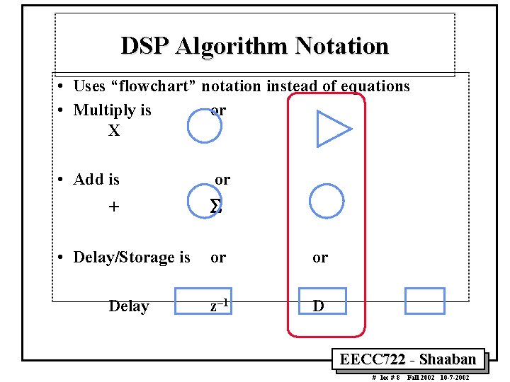 DSP Algorithm Notation • Uses “flowchart” notation instead of equations • Multiply is or DSP Algorithm Notation • Uses “flowchart” notation instead of equations • Multiply is or