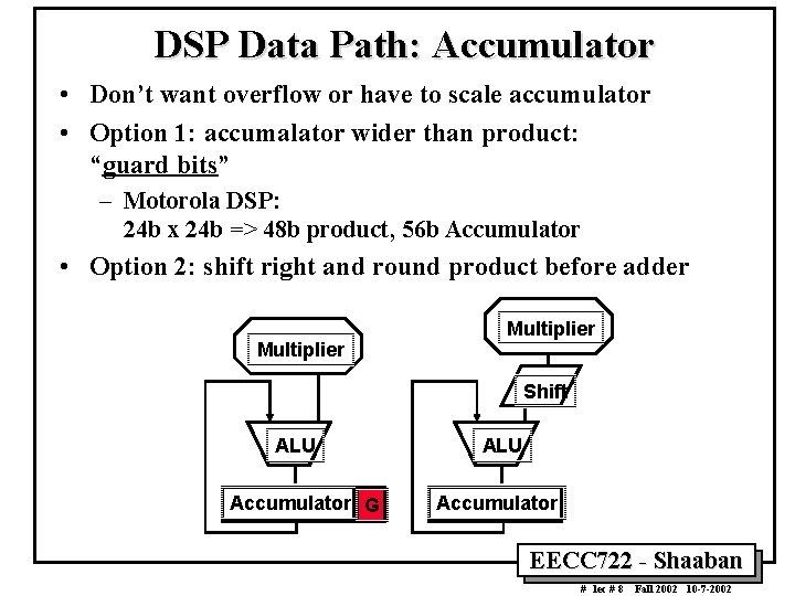 DSP Data Path: Accumulator • Don’t want overflow or have to scale accumulator • DSP Data Path: Accumulator • Don’t want overflow or have to scale accumulator •