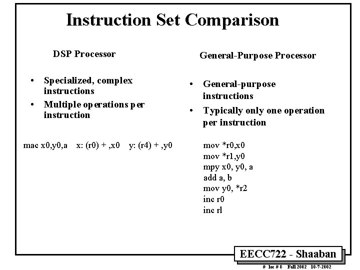 Instruction Set Comparison DSP Processor General-Purpose Processor • Specialized, complex instructions • Multiple operations Instruction Set Comparison DSP Processor General-Purpose Processor • Specialized, complex instructions • Multiple operations