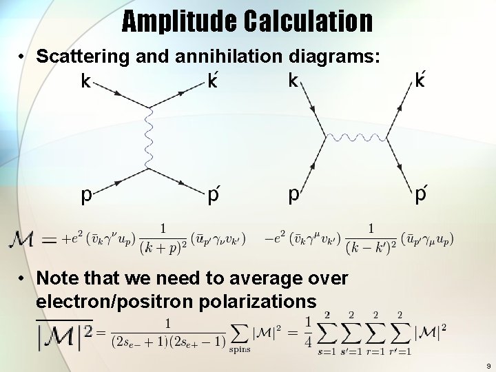 Amplitude Calculation • Scattering and annihilation diagrams: • Note that we need to average Amplitude Calculation • Scattering and annihilation diagrams: • Note that we need to average