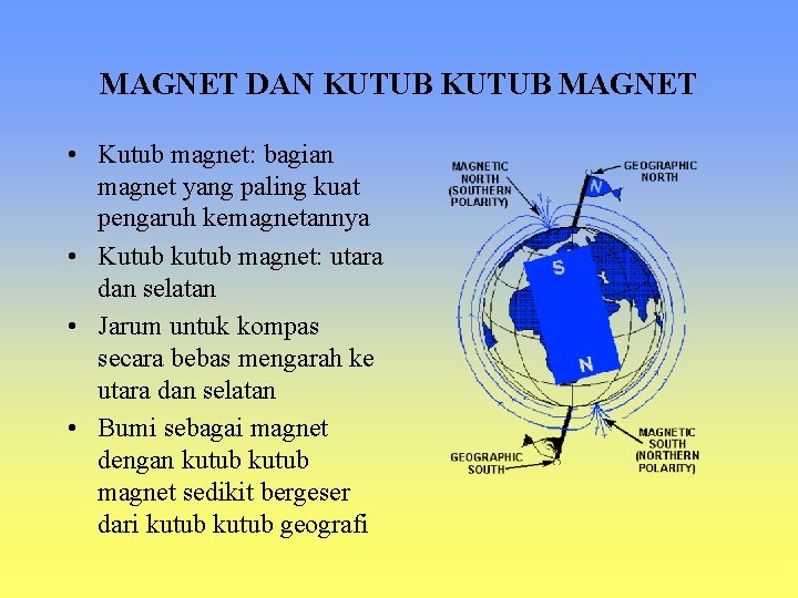 MAGNET DAN KUTUB MAGNET • Kutub magnet: bagian magnet yang paling kuat pengaruh kemagnetannya