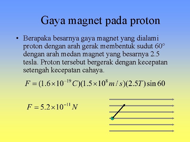 Gaya magnet pada proton • Berapaka besarnya gaya magnet yang dialami proton dengan arah