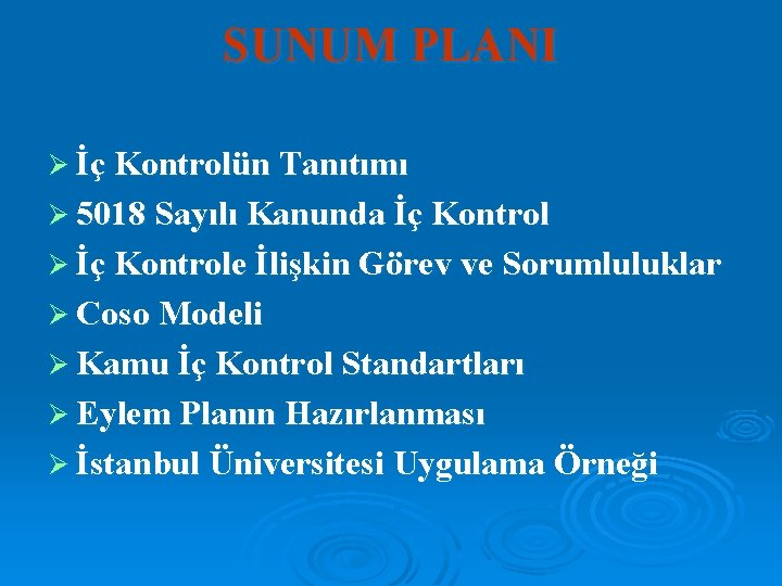 SUNUM PLANI Ø İç Kontrolün Tanıtımı Ø 5018 Sayılı Kanunda İç Kontrol Ø İç