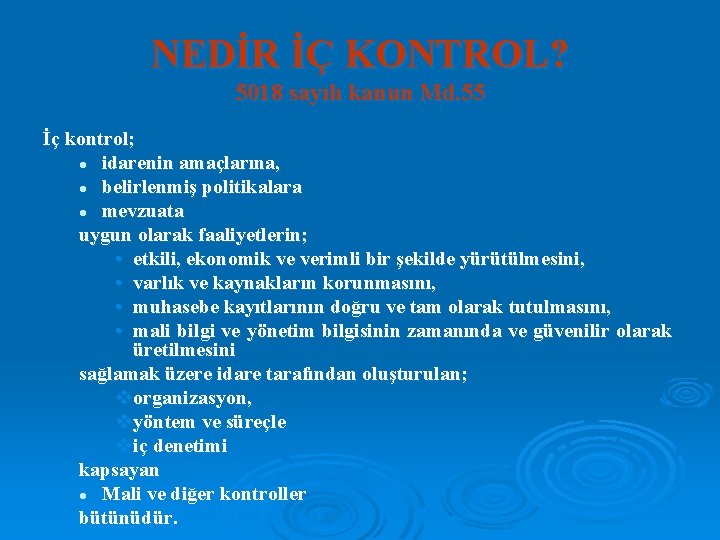 NEDİR İÇ KONTROL? 5018 sayılı kanun Md. 55 İç kontrol; l idarenin amaçlarına, l