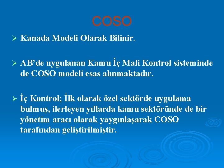 COSO Ø Kanada Modeli Olarak Bilinir. Ø AB’de uygulanan Kamu İç Mali Kontrol sisteminde