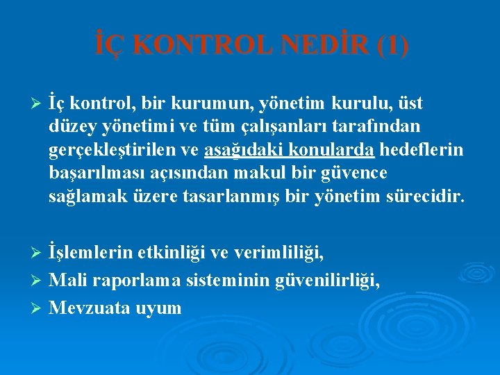 İÇ KONTROL NEDİR (1) Ø İç kontrol, bir kurumun, yönetim kurulu, üst düzey yönetimi