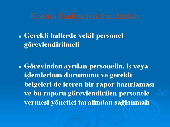 Kontrol Faaliyetleri Standartları l l Gerekli hallerde vekil personel görevlendirilmeli Görevinden ayrılan personelin, iş