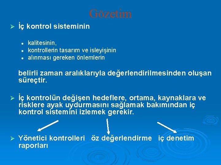 Gözetim Ø İç kontrol sisteminin l l l kalitesinin, kontrollerin tasarım ve isleyişinin alınması