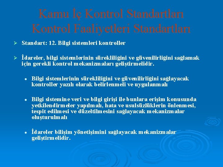 Kamu İç Kontrol Standartları Kontrol Faaliyetleri Standartları Ø Standart: 12. Bilgi sistemleri kontroller Ø