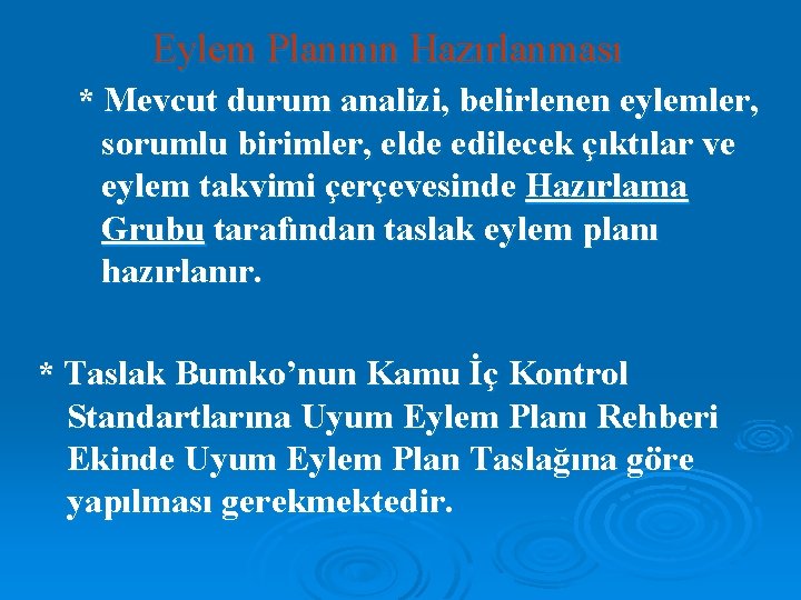 Eylem Planının Hazırlanması * Mevcut durum analizi, belirlenen eylemler, sorumlu birimler, elde edilecek çıktılar