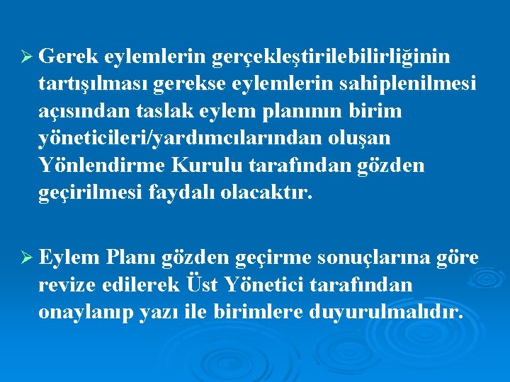 Ø Gerek eylemlerin gerçekleştirilebilirliğinin tartışılması gerekse eylemlerin sahiplenilmesi açısından taslak eylem planının birim yöneticileri/yardımcılarından
