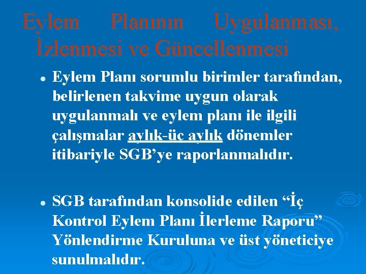 Eylem Planının Uygulanması, İzlenmesi ve Güncellenmesi l l Eylem Planı sorumlu birimler tarafından, belirlenen