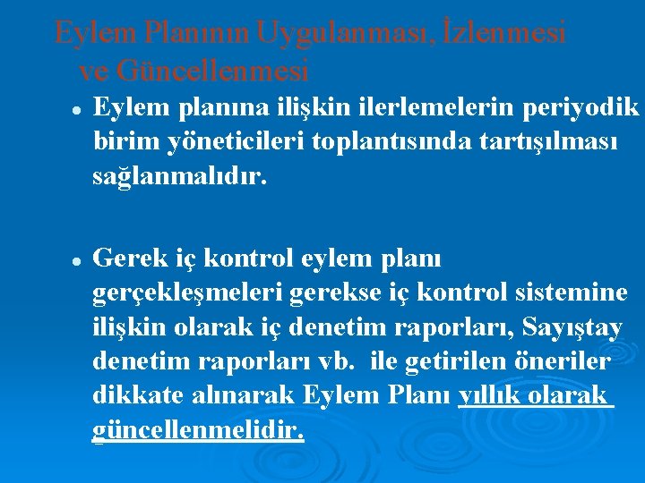 Eylem Planının Uygulanması, İzlenmesi ve Güncellenmesi l l Eylem planına ilişkin ilerlemelerin periyodik birim