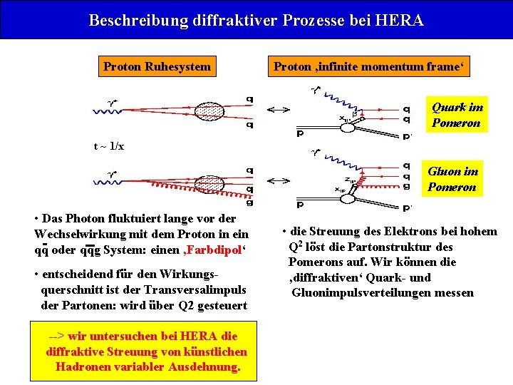 Beschreibung diffraktiver Prozesse bei HERA Proton Ruhesystem Proton ‚infinite momentum frame‘ Quark im Pomeron