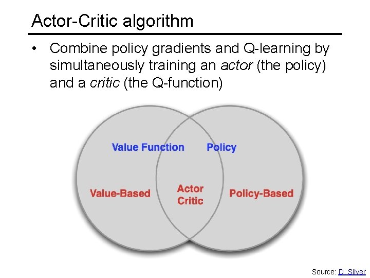 Actor-Critic algorithm • Combine policy gradients and Q-learning by simultaneously training an actor (the