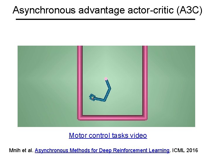 Asynchronous advantage actor-critic (A 3 C) Motor control tasks video Mnih et al. Asynchronous