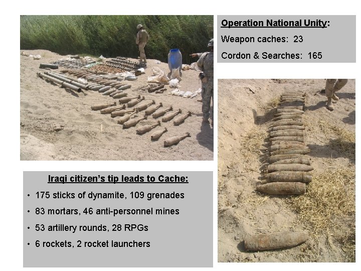 Operation National Unity: Weapon caches: 23 Cordon & Searches: 165 Iraqi citizen’s tip leads