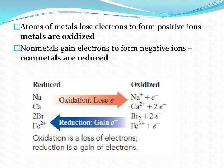 �Atoms of metals lose electrons to form positive ions – metals are oxidized �Nonmetals