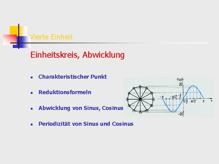 Vierte Einheitskreis, Abwicklung n Charakteristischer Punkt n Reduktionsformeln n Abwicklung von Sinus, Cosinus n