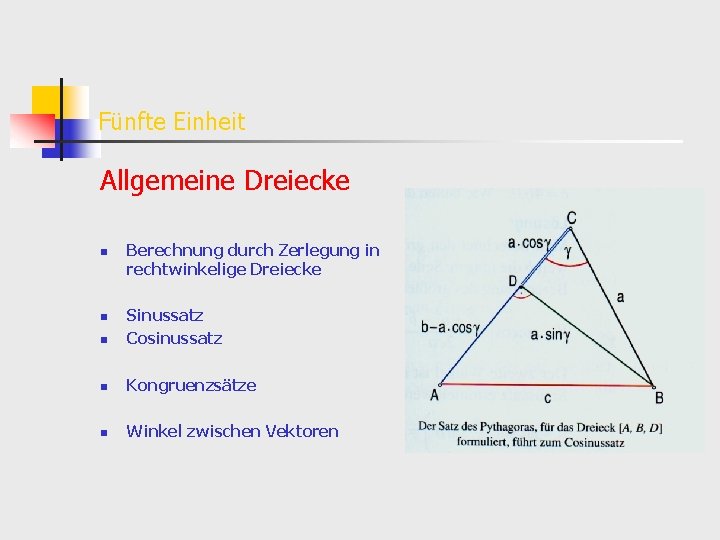 Fünfte Einheit Allgemeine Dreiecke n Berechnung durch Zerlegung in rechtwinkelige Dreiecke n Sinussatz Cosinussatz