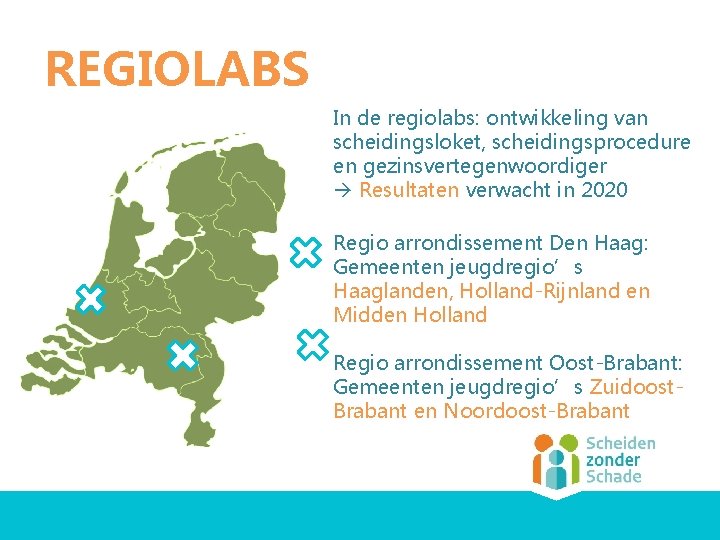 REGIOLABS In de regiolabs: ontwikkeling van scheidingsloket, scheidingsprocedure en gezinsvertegenwoordiger Resultaten verwacht in 2020