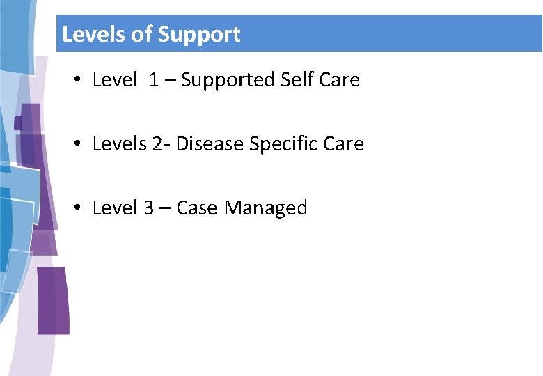 Levels of Support • Level 1 – Supported Self Care • Levels 2 -