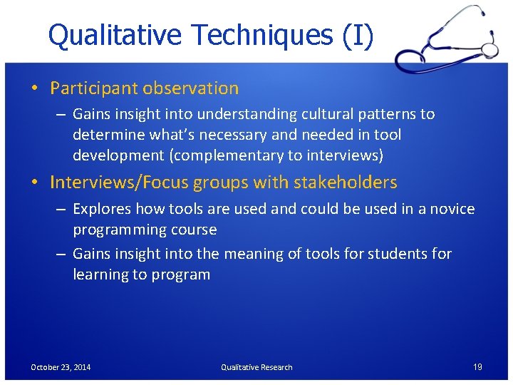 Qualitative Techniques (I) • Participant observation – Gains insight into understanding cultural patterns to