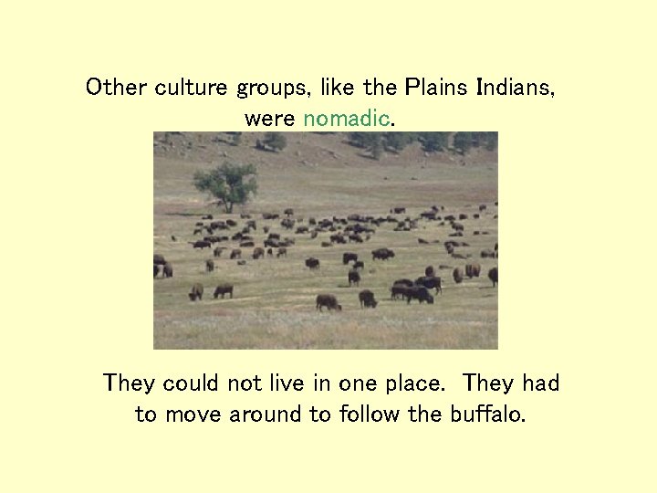 Other culture groups, like the Plains Indians, were nomadic. They could not live in