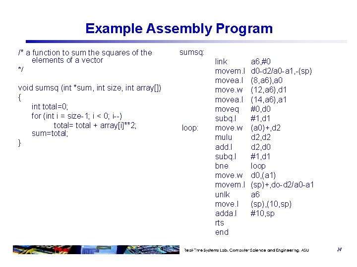 Example Assembly Program /* a function to sum the squares of the elements of Example Assembly Program /* a function to sum the squares of the elements of
