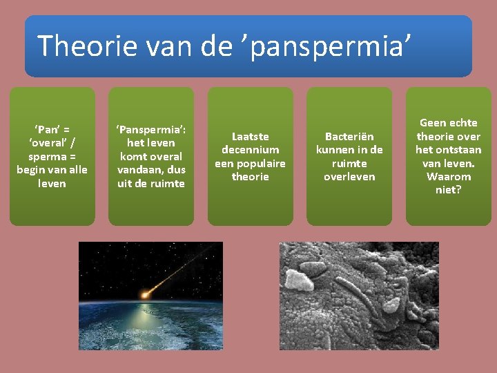 Theorie van de ’panspermia’ ‘Pan’ = ‘overal’ / sperma = begin van alle leven
