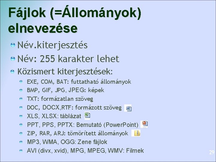 Fájlok (=Állományok) elnevezése Név. kiterjesztés Név: 255 karakter lehet Közismert kiterjesztések: EXE, COM, BAT: