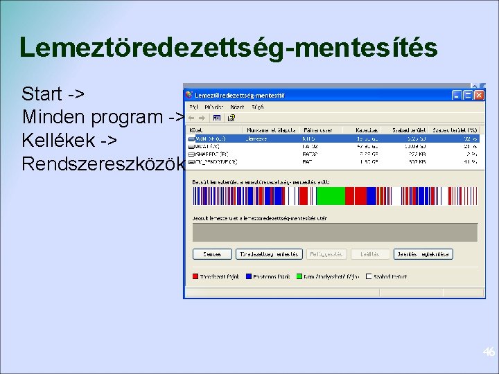 Lemeztöredezettség-mentesítés Start -> Minden program -> Kellékek -> Rendszereszközök 46 