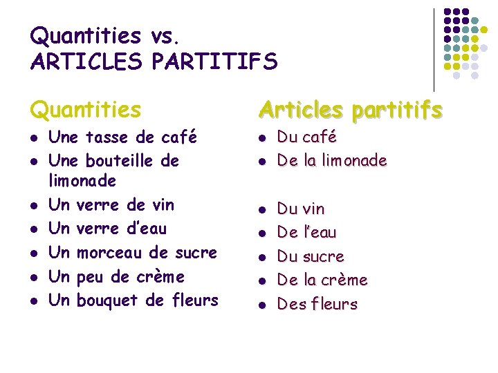 Quantities vs. ARTICLES PARTITIFS Quantities l l l l Une tasse de café Une