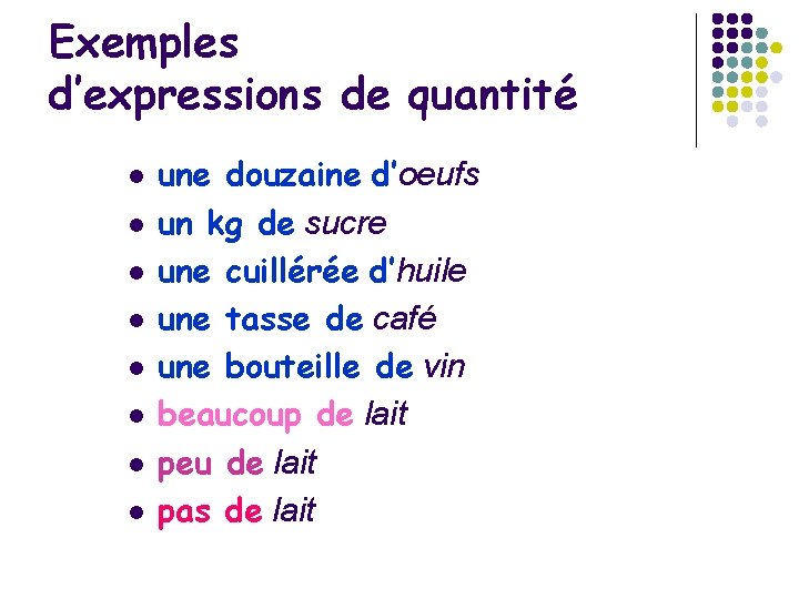 Exemples d’expressions de quantité l l l l une douzaine d’oeufs un kg de