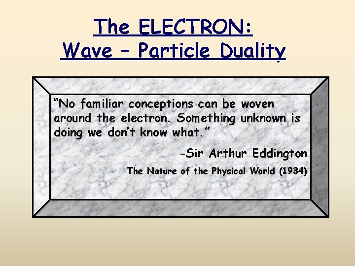 The Wave – ELECTRON: Particle Duality “No familiar conceptions can be woven around the