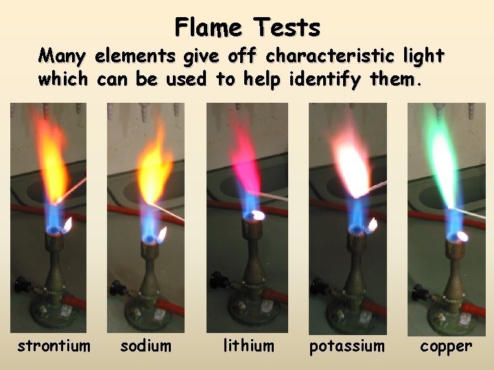 Flame Tests Many elements give off characteristic light which can be used to help