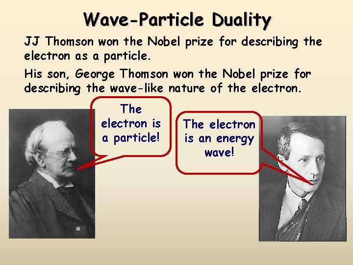 Wave-Particle Duality JJ Thomson won the Nobel prize for describing the electron as a