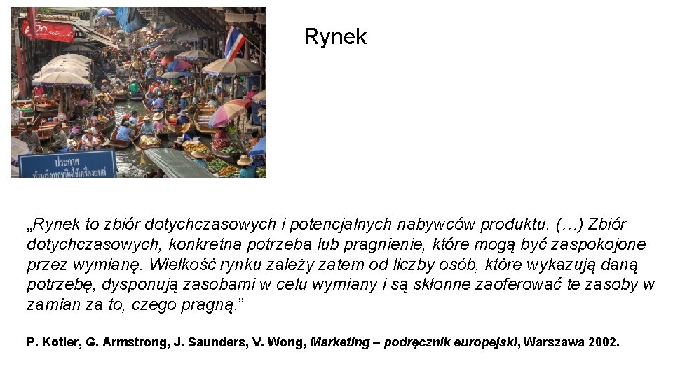 Rynek „Rynek to zbiór dotychczasowych i potencjalnych nabywców produktu. (…) Zbiór dotychczasowych, konkretna potrzeba