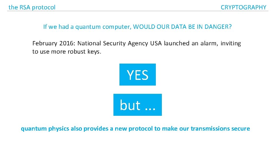 the RSA protocol CRYPTOGRAPHY If we had a quantum computer, WOULD OUR DATA BE