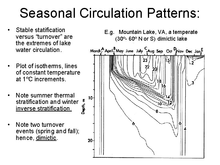 Seasonal Circulation Patterns: • Stable statification versus “turnover” are the extremes of lake water Seasonal Circulation Patterns: • Stable statification versus “turnover” are the extremes of lake water