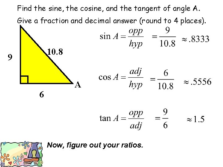 Find the sine, the cosine, and the tangent of angle A. Give a fraction