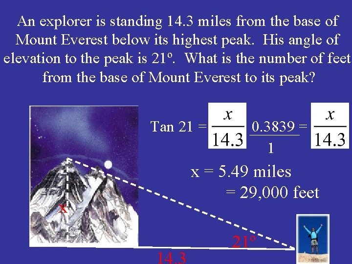 An explorer is standing 14. 3 miles from the base of Mount Everest below